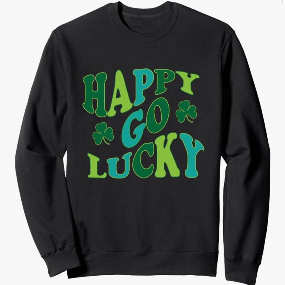 Happy Go Lucky Black Crewneck Sweatshirt - Green Graphic Irish St. Patrick's Day